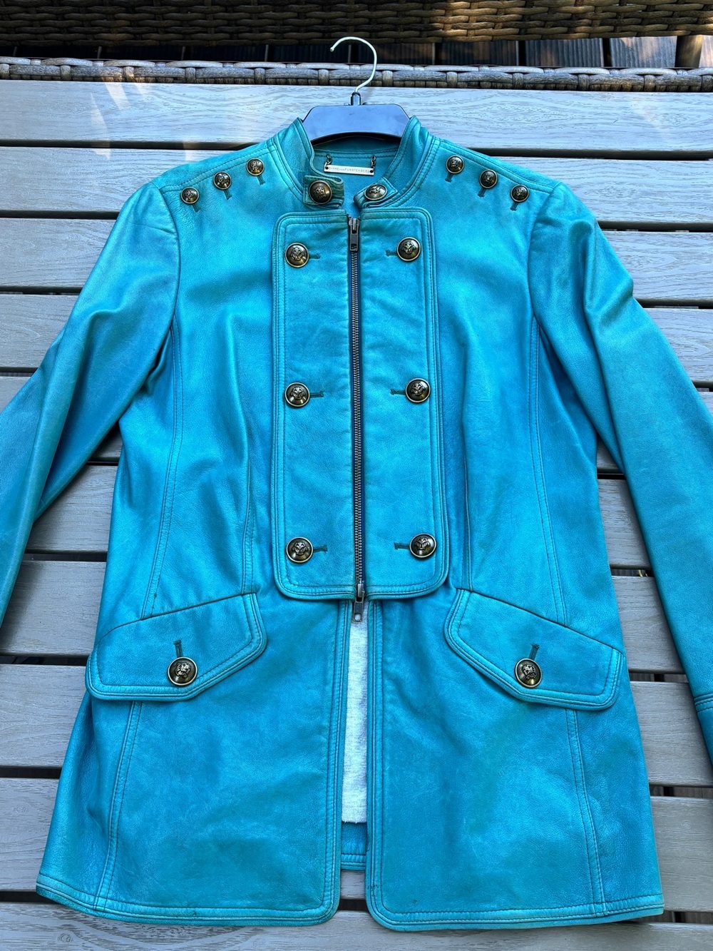 Diane Von Furstenberg Teal Military-Style Leather Jacket